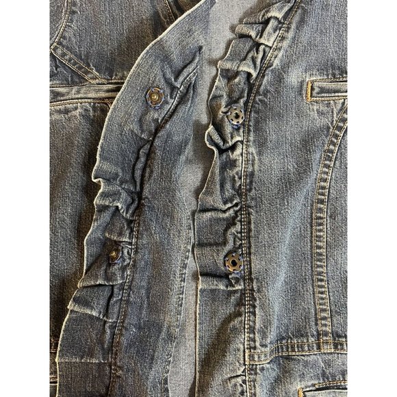 Wrangler Blues Jean Jacket Size Small Ruffles Fitted Denim Split Cuffs Pockets - Picture 6 of 10